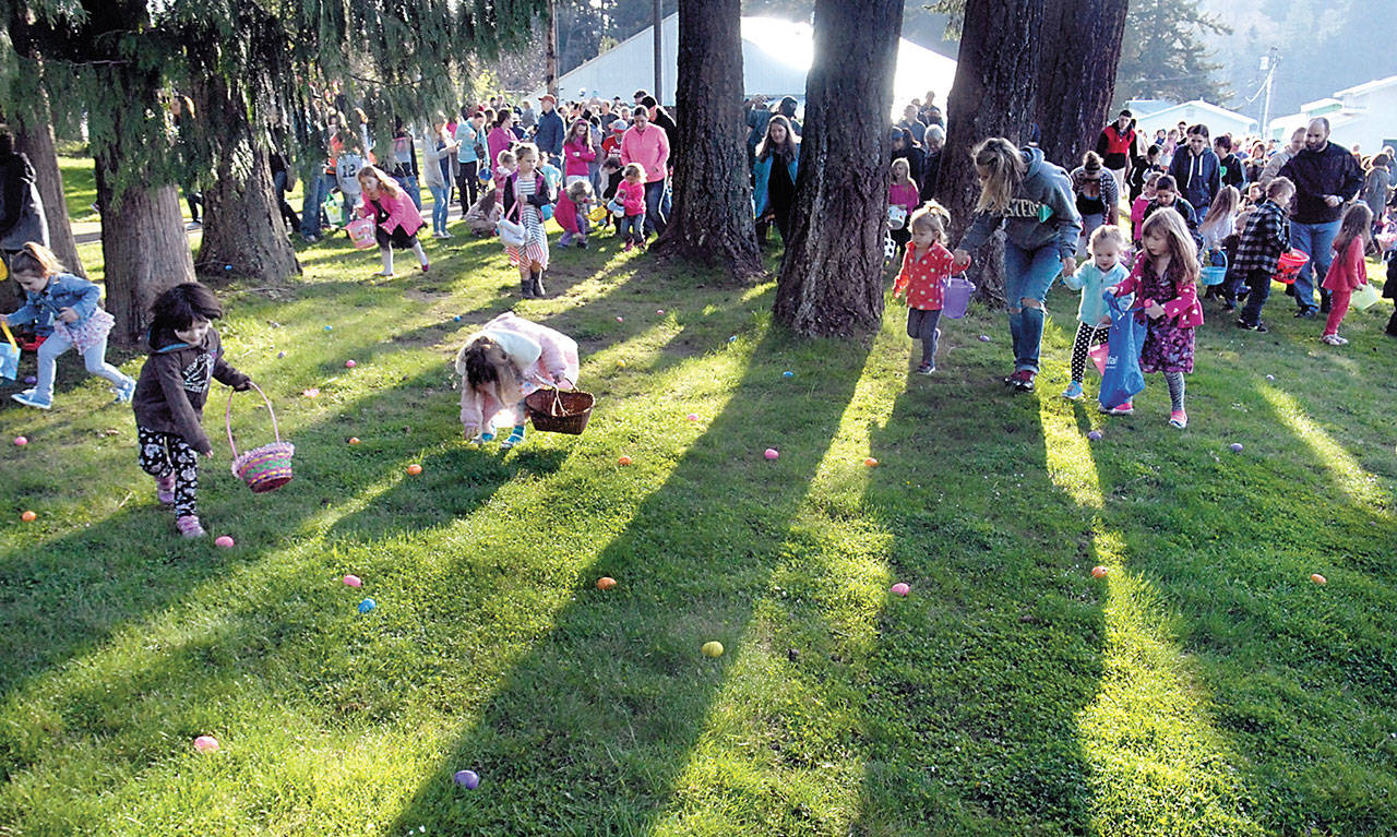 Children and their parents swarm through the Clallam County Fairgrounds in Port Angeles in search of Easter eggs during last year’s KONP egg hunt. About 1,700 prize-filled eggs were scattered around the wooded grove, with additional prizes given away to randomly selected families who registered for the event. (Keith Thorpe/Peninsula Daily News)