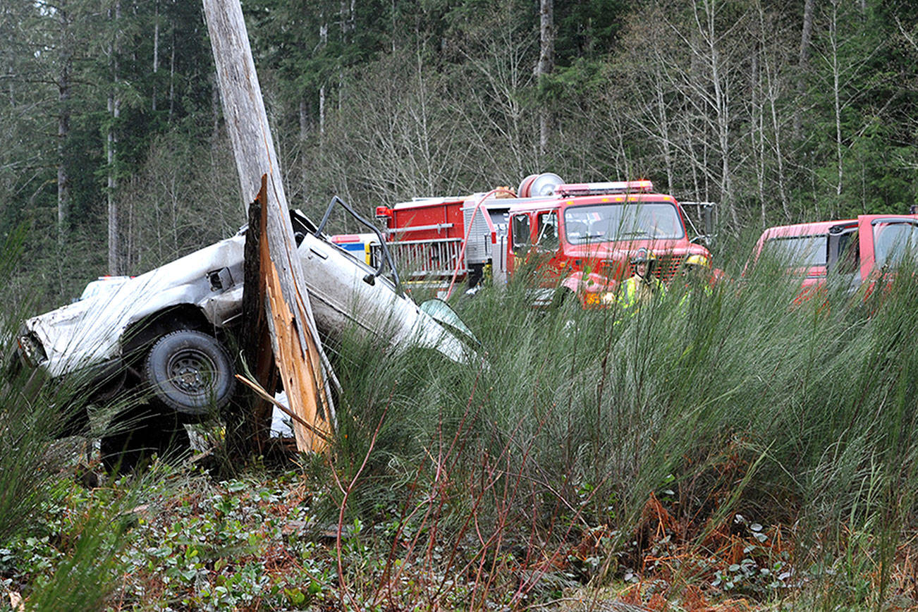 This accident occurred at about 12:45 this afternoon on highway 101 mile marker 205.5 near Bear Creek. It was a one vehicle accident with what appears to be a pickup truck that ended u p against a power pole. responding were medics from Forks, the Beaver fire Dept., WSP and the Clallam County Sherriff. This might have been fatality. Lonnie.
