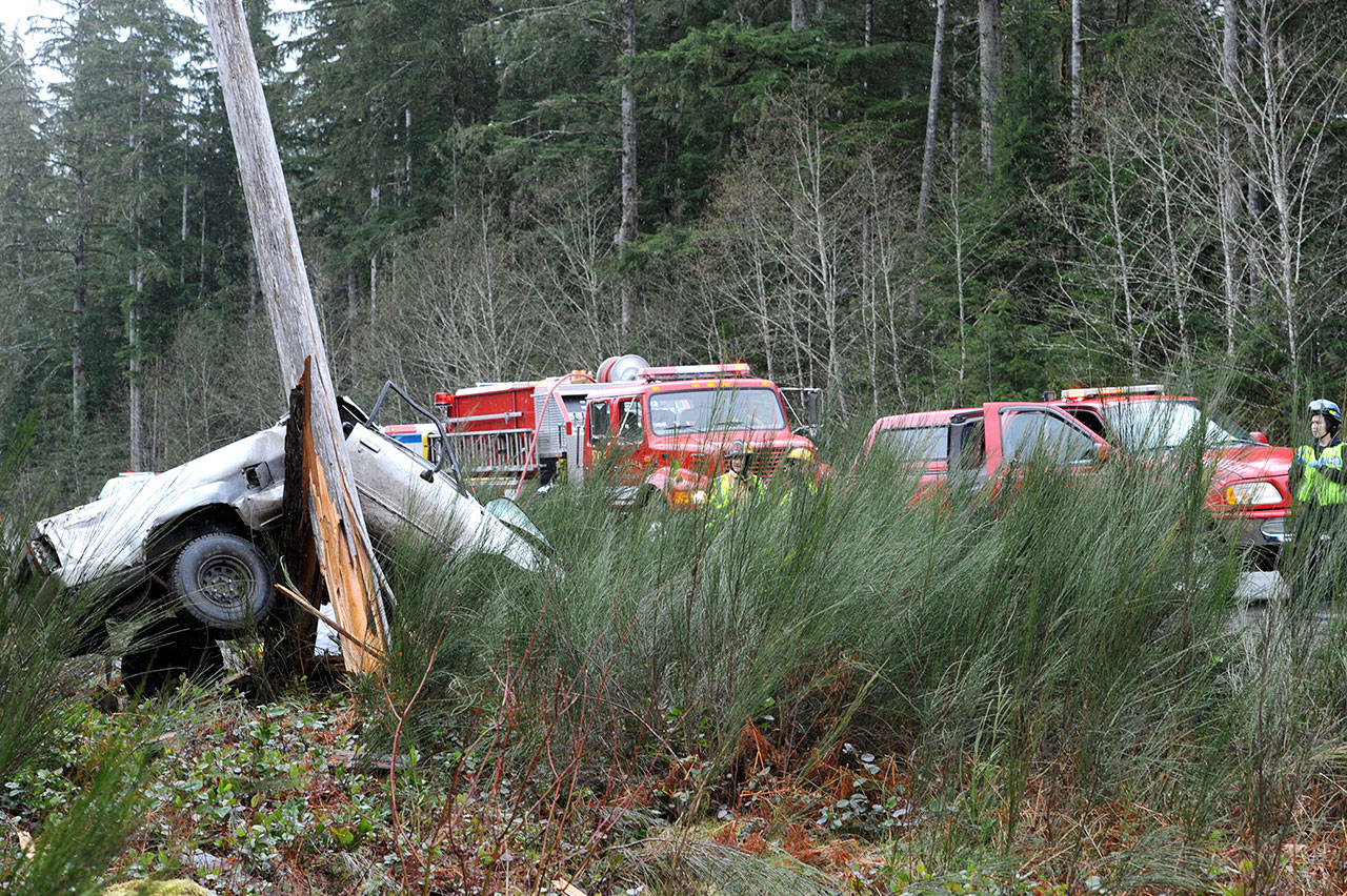 U.S. Highway 101 was closed westbound for a one-vehicle wreck at milepost 205.5 near Bear Creek at 1:25 p.m. (Lonnie Archibald/for Peninsula Daily News)