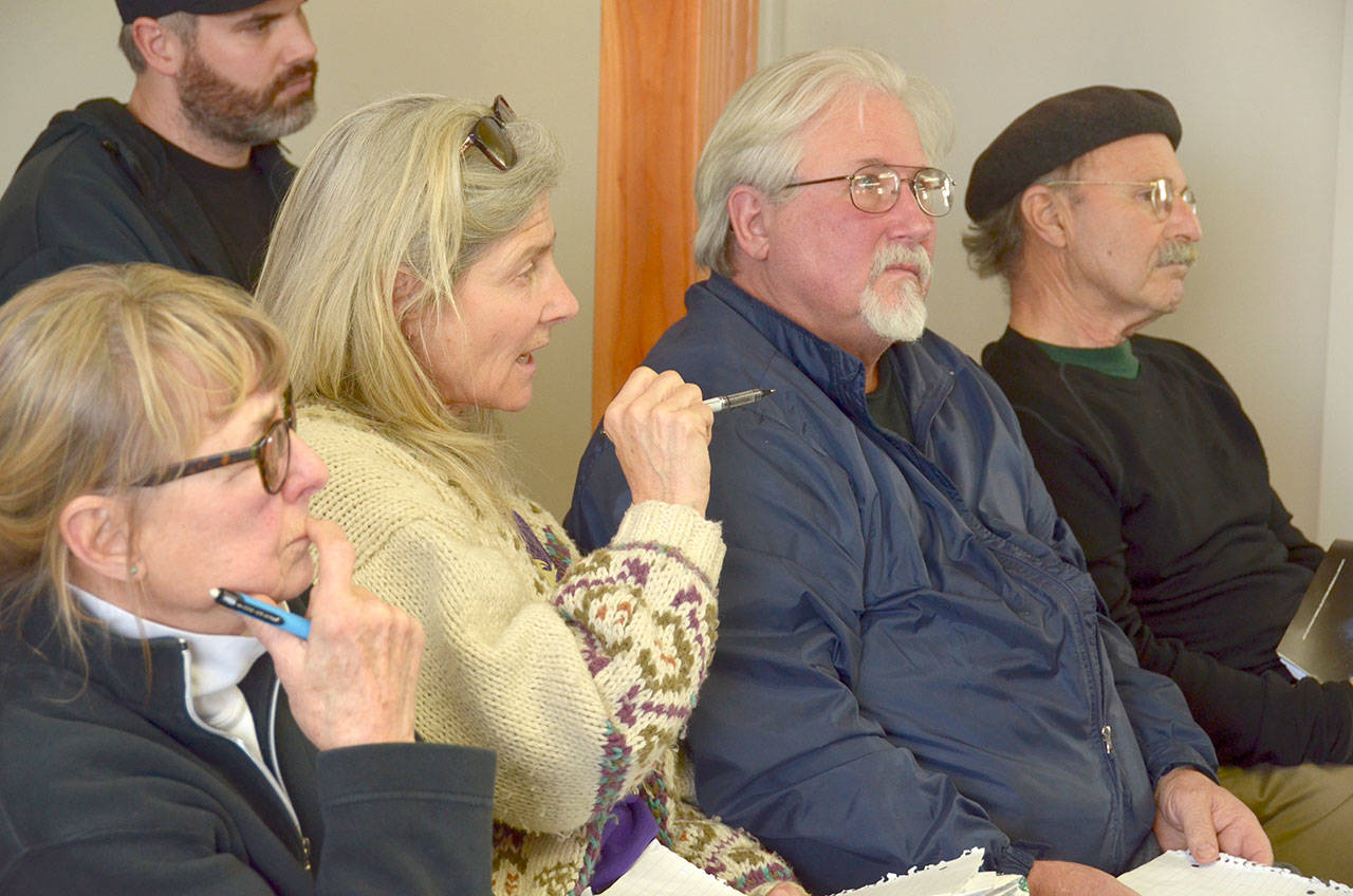 From left, Anne Ricker, Kit Kittredge and Clayton White — all members of the Linger Longer committee, a newly formed group focusing on port issues in Quilcene — attended the Port of Port Townsend meeting Wednesday to bring their group’s issues to the port commissioners’ attention. (Cydney McFarland/Peninsula Daily News)