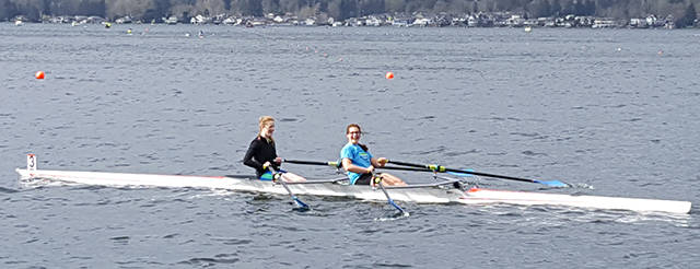 Olympic Peninsula Rowing Association members Emily Sirguy, left, and Maria England claimed the Novice 2X race at the Lake Stevens Spring Invitational Regatta last weekend.