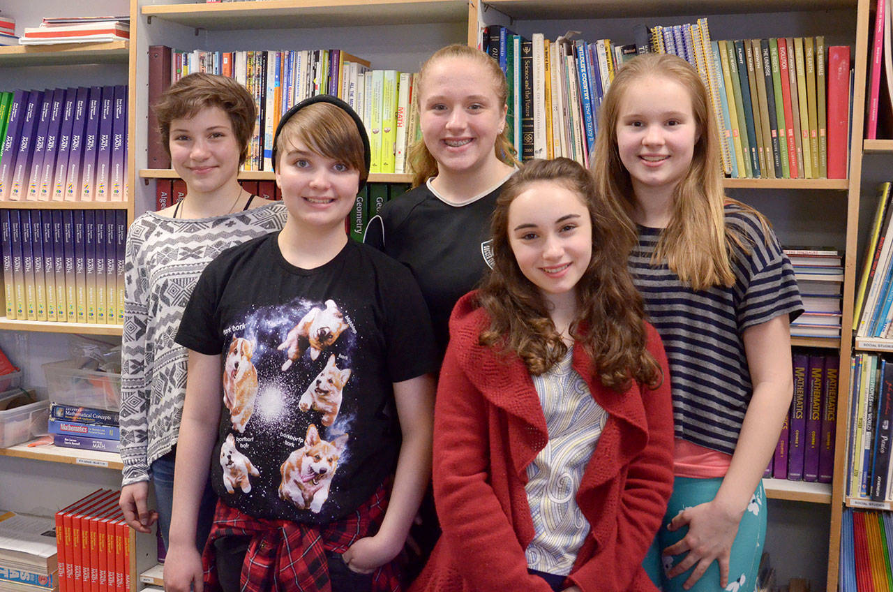 Five Chimacum students, from left, Viola Frank, Moe Gardner, Ava Amos, Esther Gleeman and Eugenia Frank, are heading to the Global Destination Imagination competition in Tennessee. (Cydney McFarland/Peninsula Daily News)