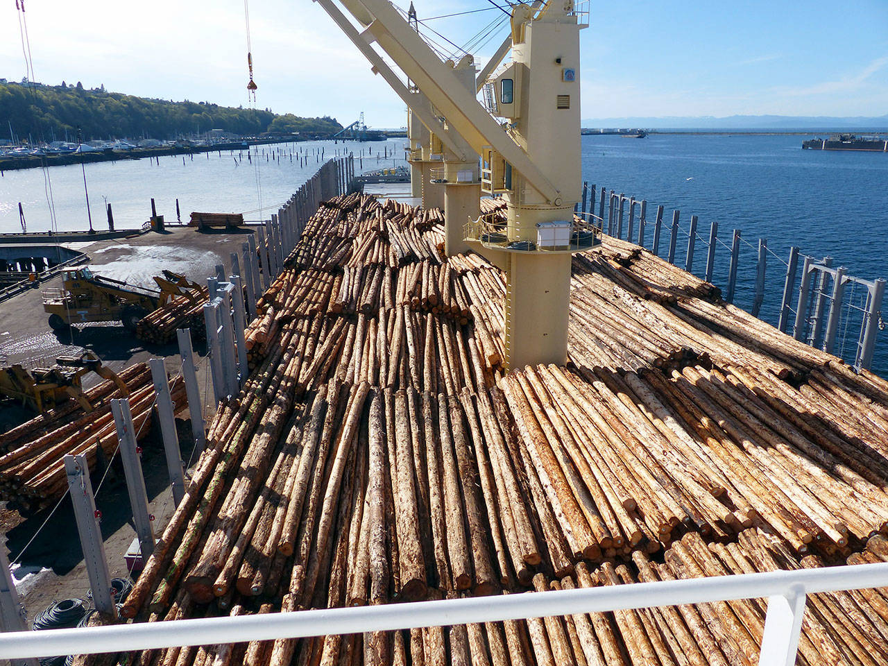 A pile of debarked logs on the deck of New Face as seen from the ship’s bridge. (Dave Sellars/for Peninsula Daily News)