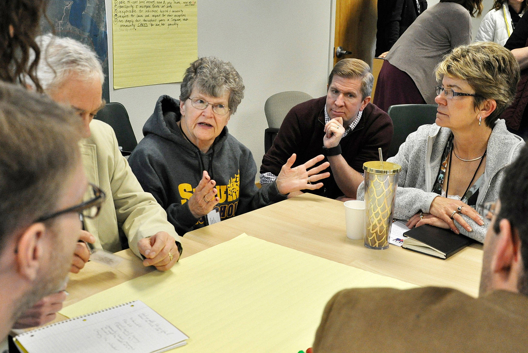 Members of the Sequim School District’s Strategic Planning Committee discuss issues at a recent meeting. From left are Jon Eekhoff, Brian Berg, Nola Judd, Charlie Bush, Monica Dixon and David Updike. (Patsene Dashiell/Sequim School District)