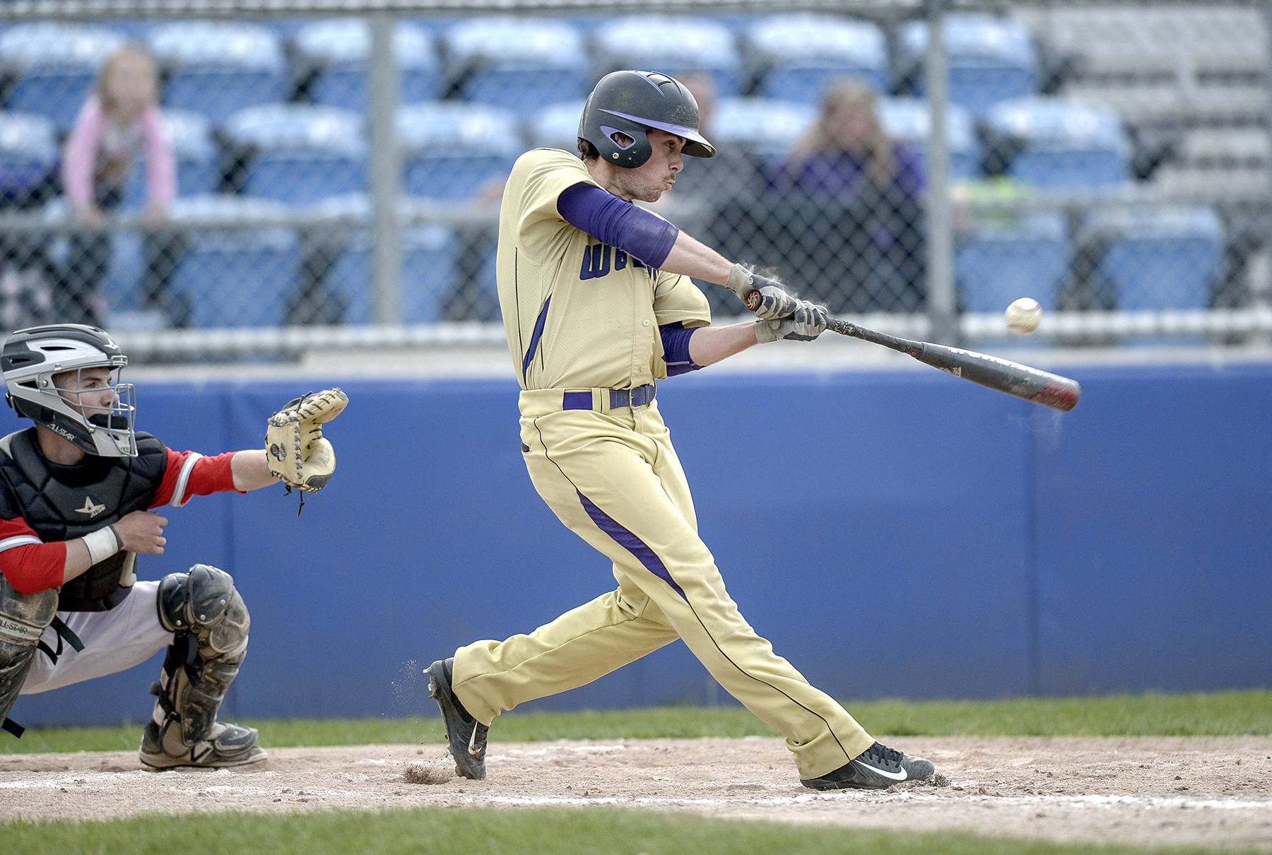 Jeff Halstead/for Peninsula Daily News                                Sequim’s James Grubb swings at a pitch during a district playoff game against Steilacoom High School at Kitsap County Fairgrounds. Sequim won 6-5.