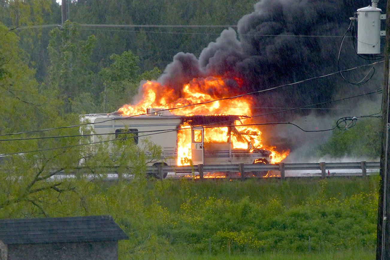 RV destroyed after catching fire on Highway 101 near Sequim