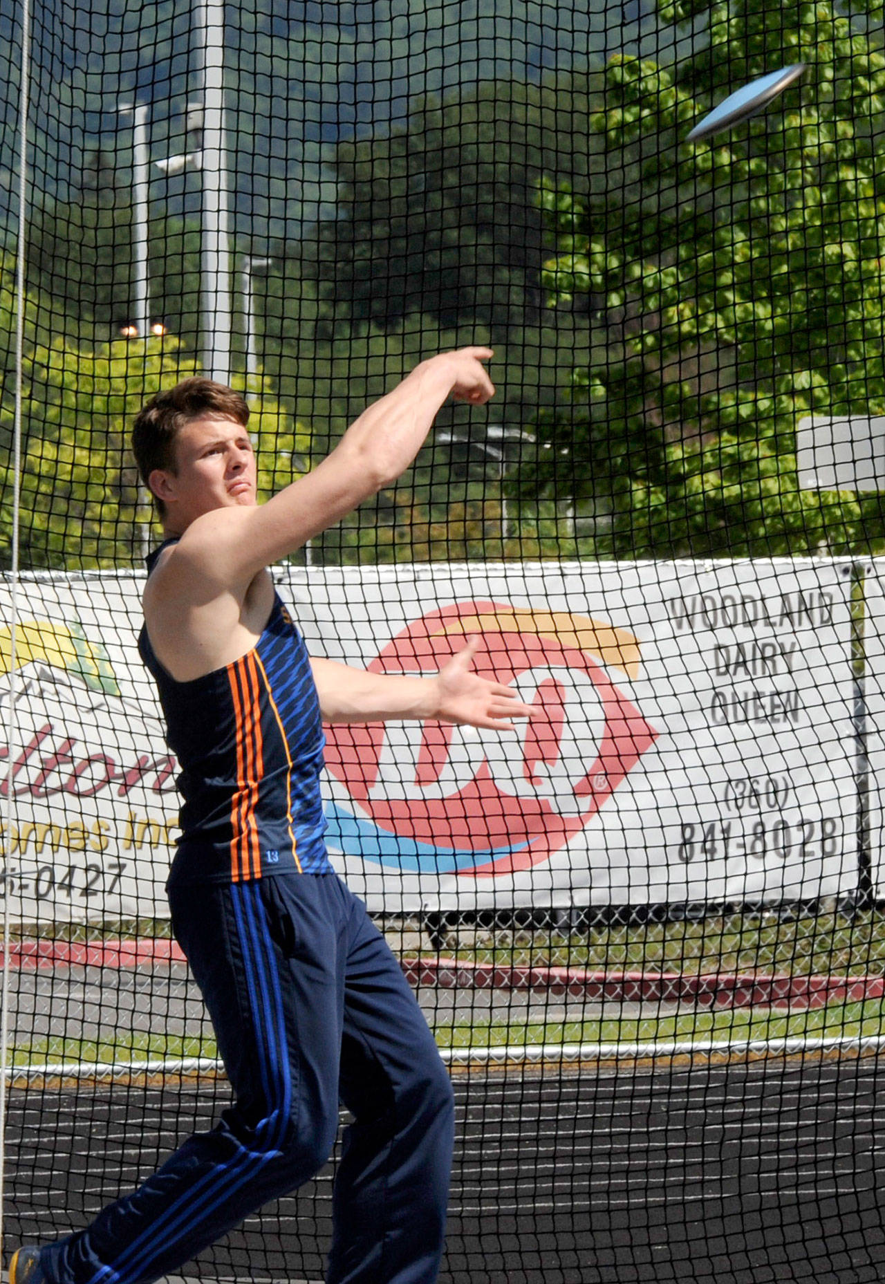 Lonnie Archibald/for Peninsula Daily News Forks’ Cole Baysinger won the District 4 1A discus witha throw of 134 feet, 8 3/4 inches. Baysinger will compete at the state 1A track meet in Cheney in the discus and the shot put.