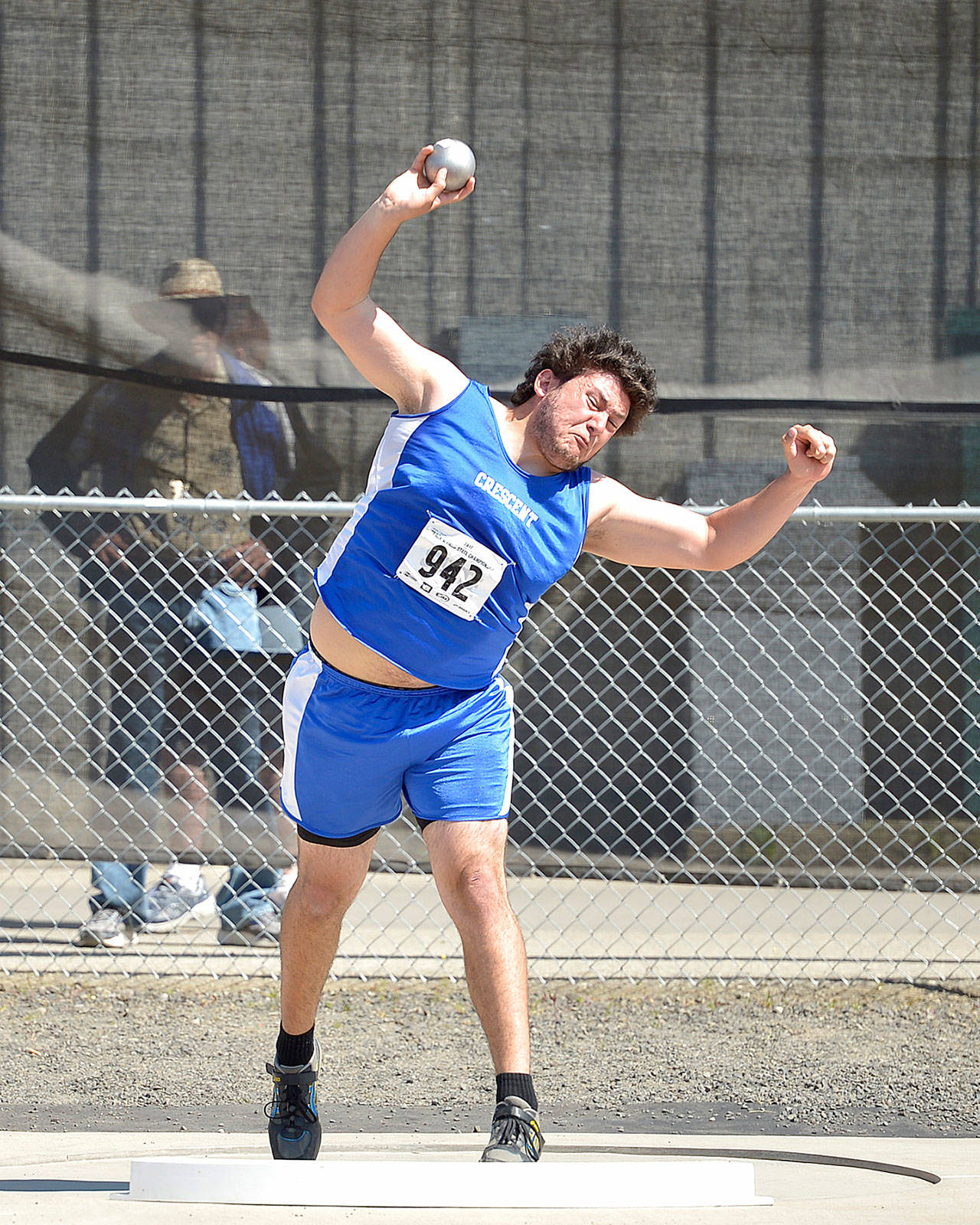 Casey Bruner/for Peninsula Daily News                                Wyatt McNeese of Crescent came in second at the state 1B Track and Field Championships in Cheney in the shot put with a put of 43-0 3/4. McNeese also came in fourth in the discus.