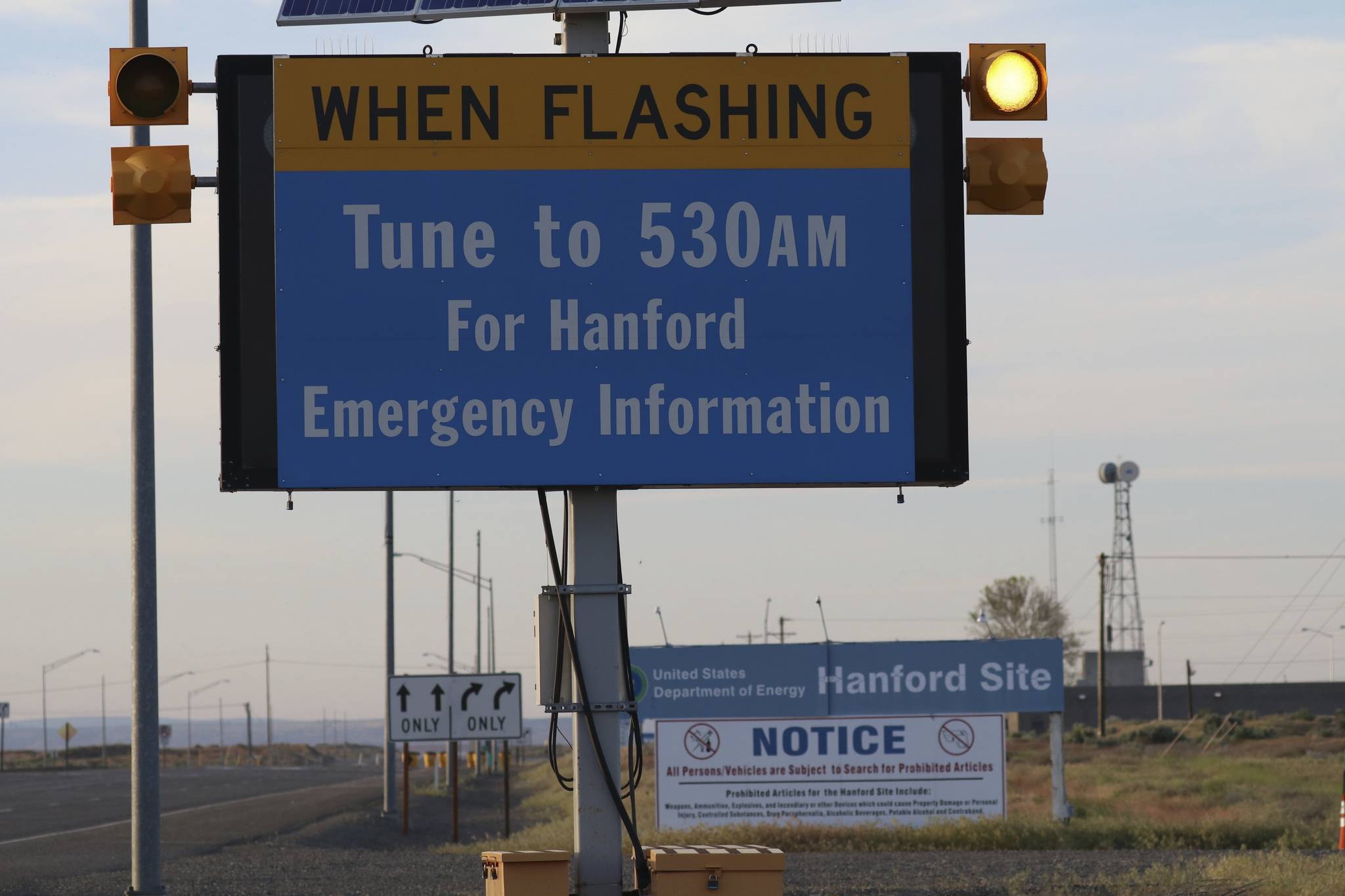An emergency sign flashes by the Hanford Nuclear Reservation on Tuesday in Richland. (Manuel Valdes/The Associated Press)