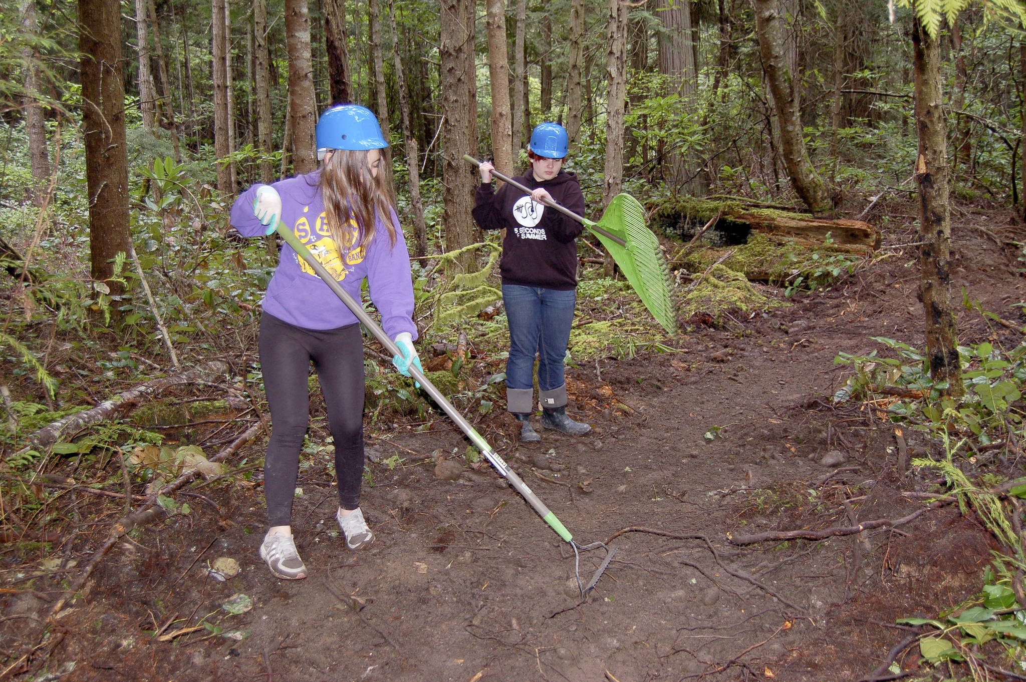 Sequim High freshmen Kjirstin Foresman, left, and Mazie Whitteker, use rakes to clear debris from a new trail they and other high-schoolers worked to build on the Miller Peninsula last week. They learned about sharing the trail with bicyclists and stock, careers in forestry management and different tools for clearing trails. (Matthew Nash/Olympic Peninsula News Group)