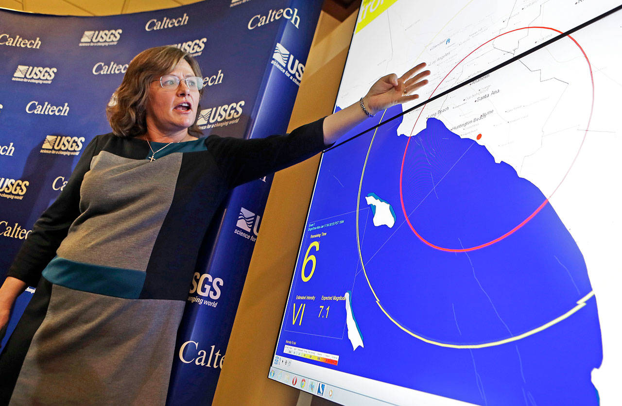 In 2013, seismologist Dr. Lucy Jones describes how an early warning system would provide advance warning of an earthquake, at a news conference at the California Institute of Technology in Pasadena, Calif. (Reed Saxon/The Associated Press)