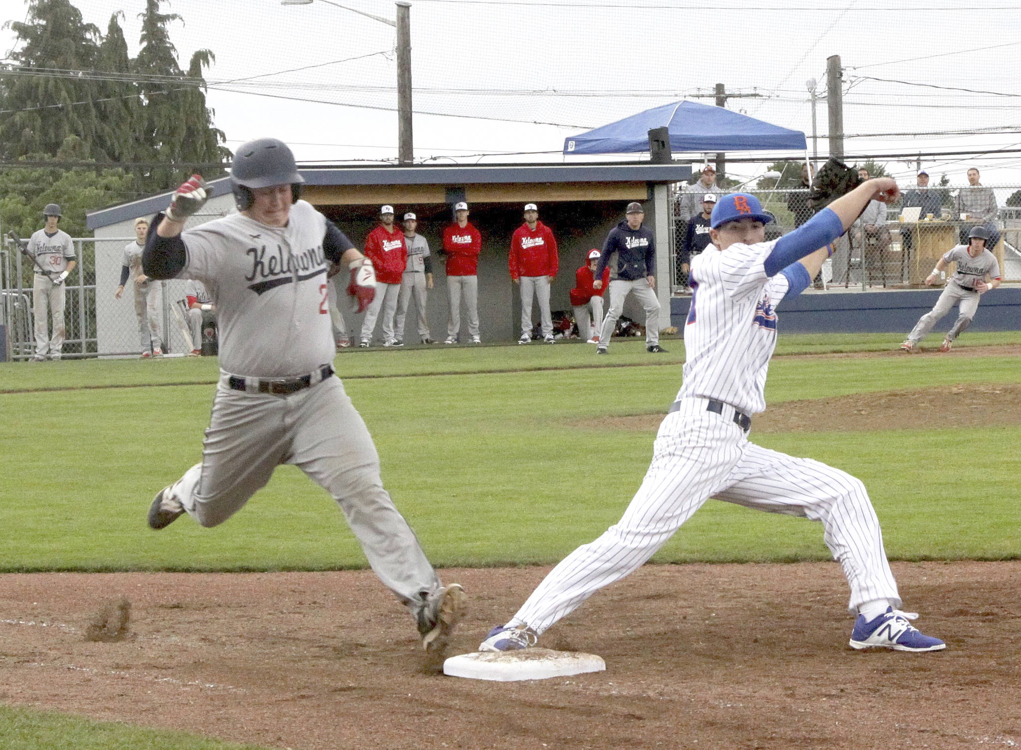 Dave Logan/for Peninsula Daily News                                Port Angeles Lefties pitcher Drew Zmuda, right, covers first base as Kelowna’s Bo Meikljohn reaches for the base. Meikljohn was called out but the Falcons picked up a three-game sweep of the Lefties.