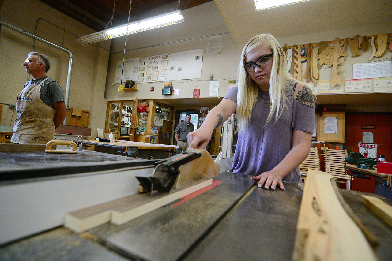 Port Angeles High School senior Kaytlin Turner will attend SkillsUSA nationals in Louisville, Ky., later this month after taking first in cabinetmaking at state. (Jesse Major/Peninsula Daily News)