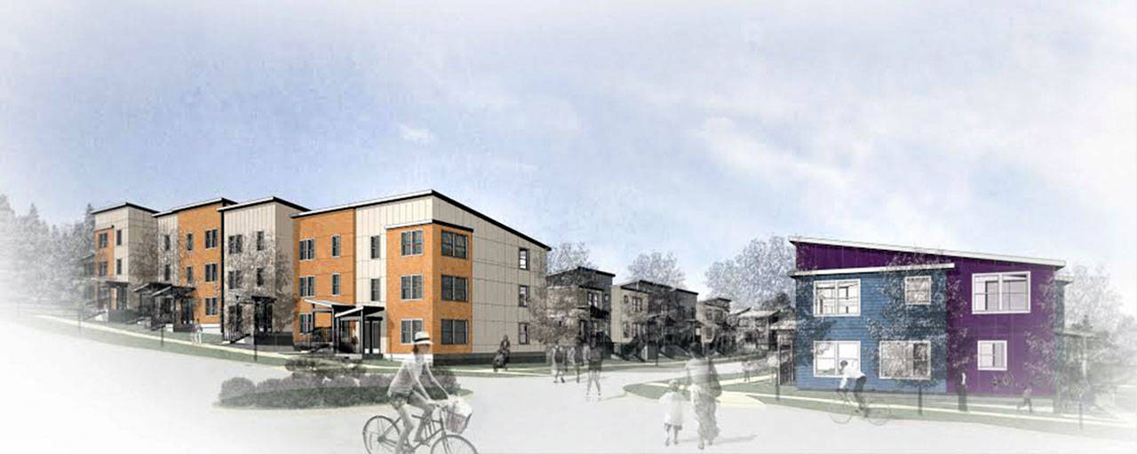 The completed $18.5 million Phase 1 portion of a Mount Angeles View family public housing project will include a traffic circle, depicted in this artist’s rendition, that will be built at Francis and Lopez streets by January 2019. (Peninsula Housing Authority)