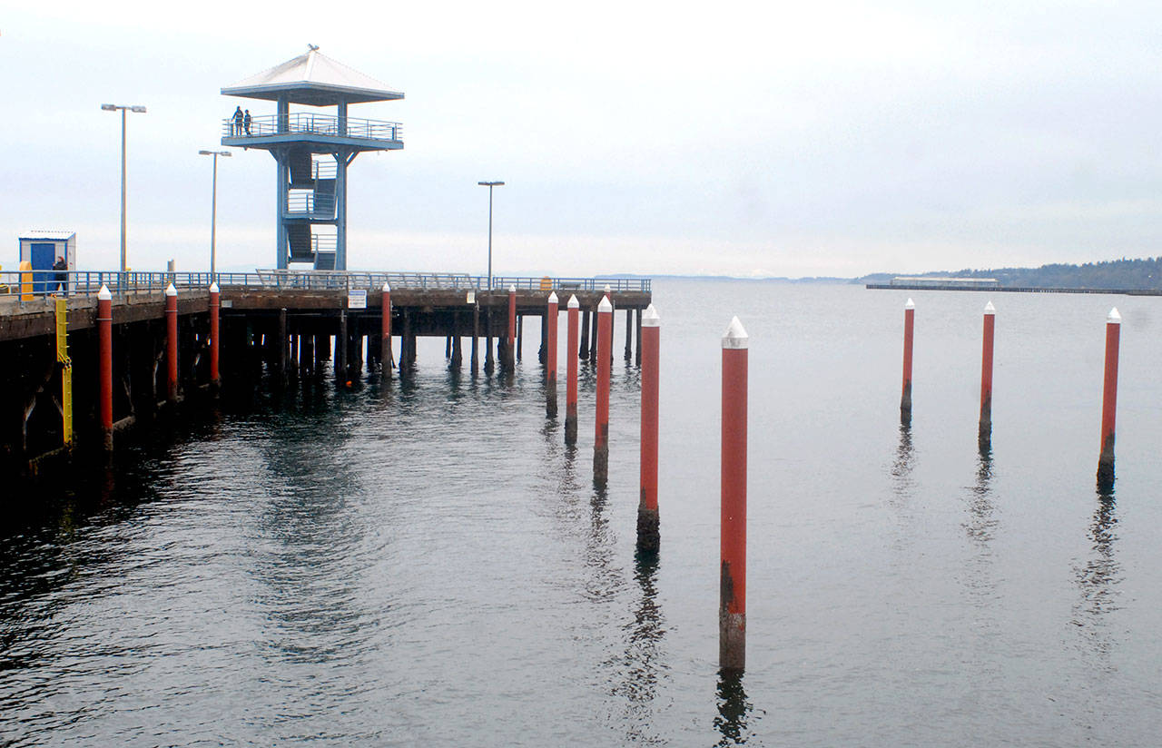 Pilings that once supported temporary moorage docks stand empty at Port Angeles City Pier as they await new dock sections. (Keith Thorpe/Peninsula Daily News)