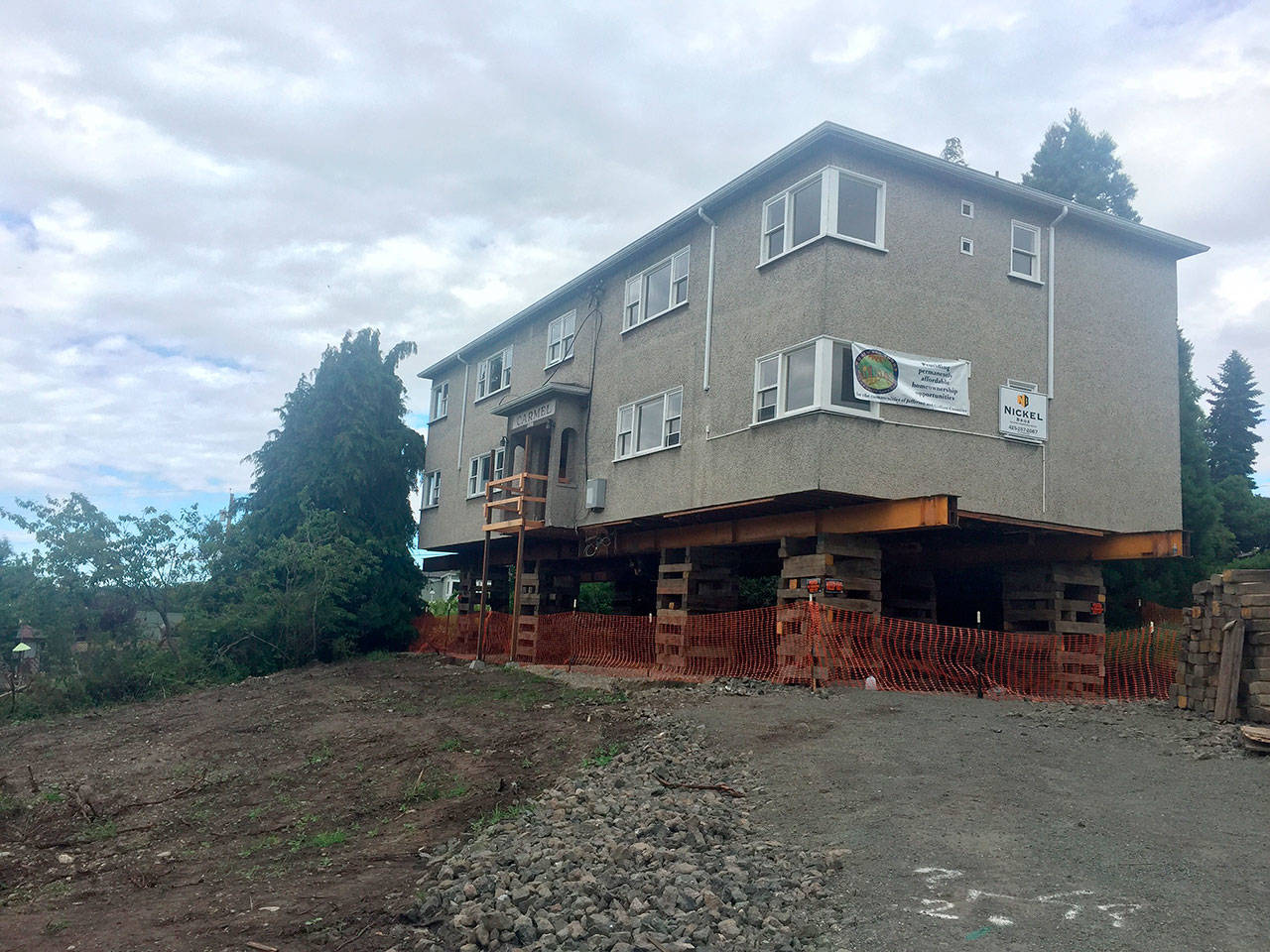 A two-story apartment complex was floated over from Victoria, B.C., to be used as affordable housing as part of a partnership between the City of Port Townsend and Homeward Bound, a land trust group. (Cydney McFarland/Peninsula Daily News)