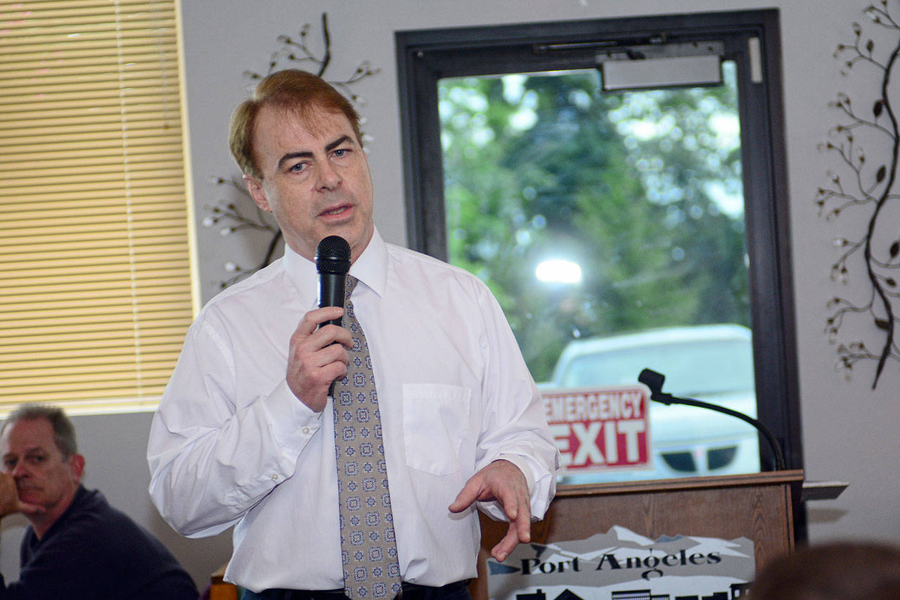 Bob Schroeter, who started as the Clallam County Economic Development Corp.’s executive director in May, shares his vision of economic development in the county during a Port Angeles Business Association meeting Tuesday. (Jesse Major/Peninsula Daily News)