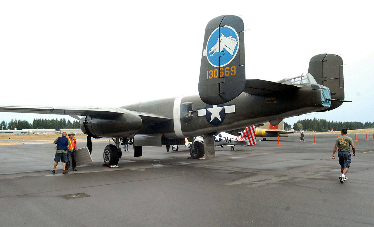 A restored World War II-era B-25J “Mitchell” bomber sits on the tarmac of William R. Fairchild International Airport in Port Angeles during the 2015 Wings of Freedom tour. (Keith Thorpe/Peninsula Daily News)