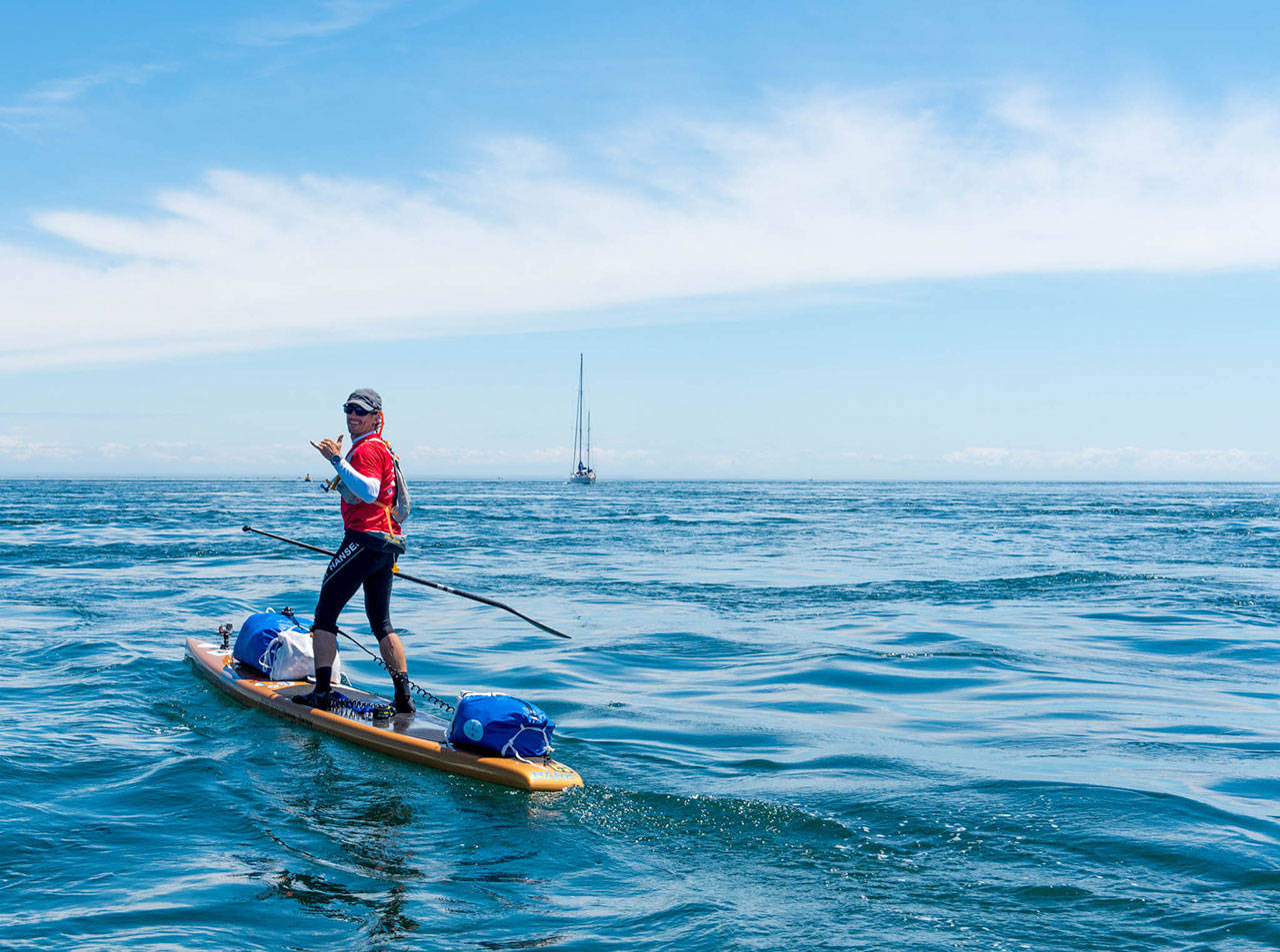 Karl Kruger arrived in Ketchikan, Alaska on Sunday as the first paddle-boarder to ever complete the 750-mile Race to Alaska. (Katrina Zoe Norbom/R2AK)