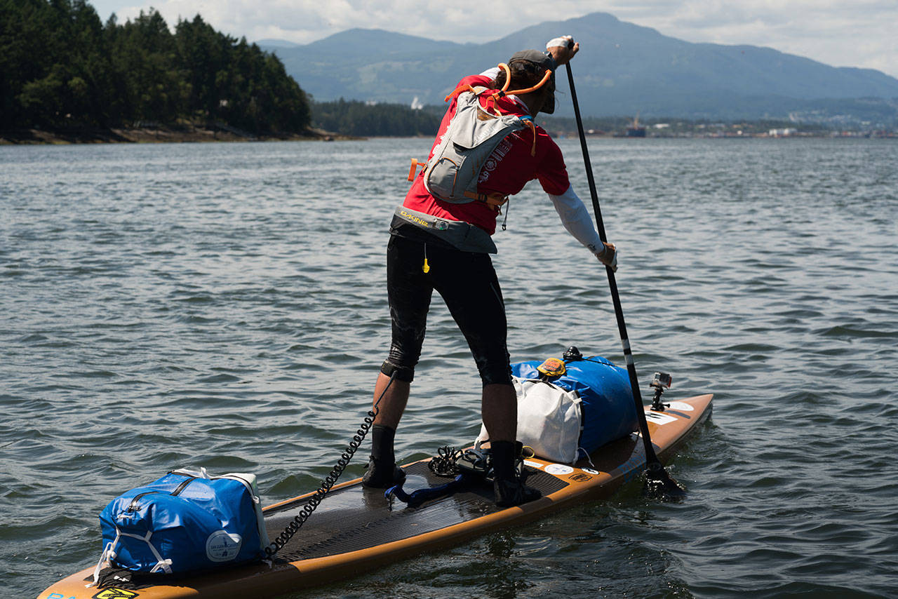 Karl Kruger paddles through Falls Narrows, one of the many channels he paddled to completed the 750-mile Race to Alaska from Port Townsend to Ketchikan, Alaska. (Liv von Oelreich/R2AK)