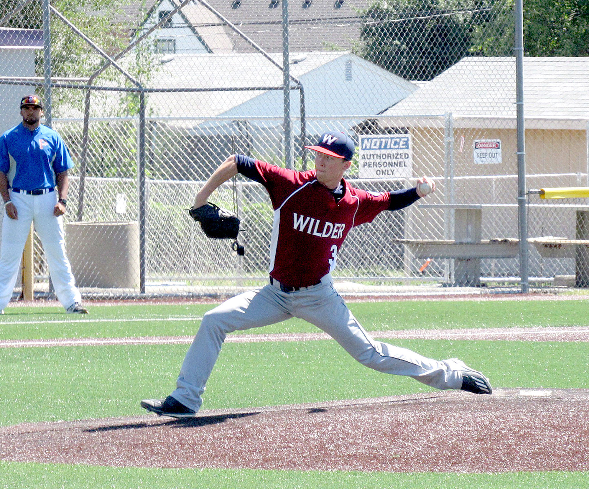 Jamie Wood/for Peninsula Daily News                                Curan Bradley of the Wilder Seniors pitches against Wenatchee Tuesday. Bradley went 5 1/3 innings, giving up just four hits and one walk.