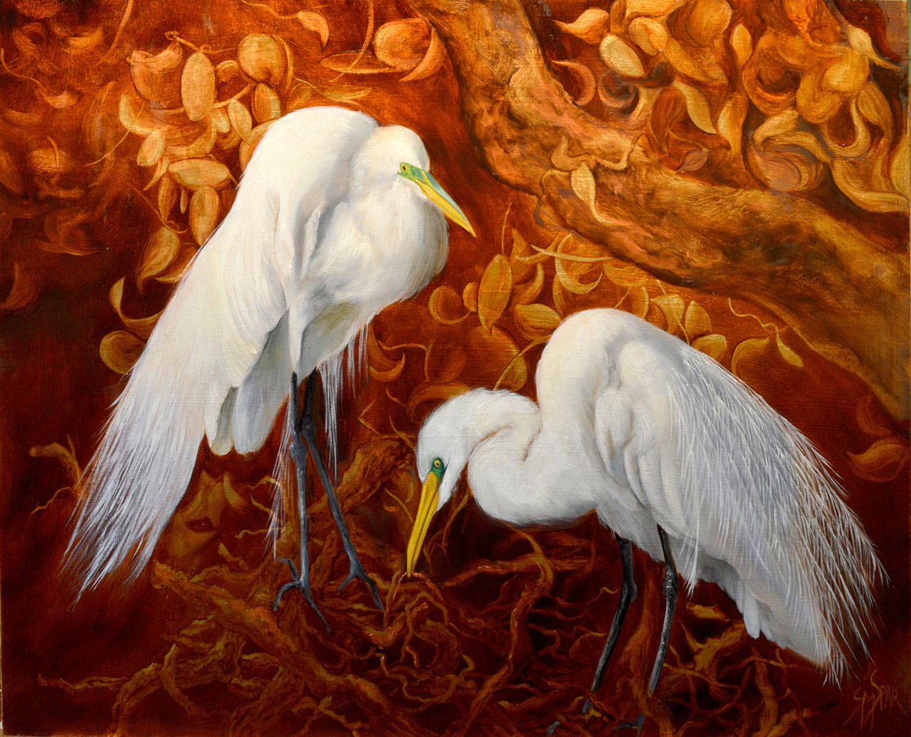 This painting, called “Nesting Egrets” by Susan Martin Spar, is on display at the Sequim Museum & Art Center.
