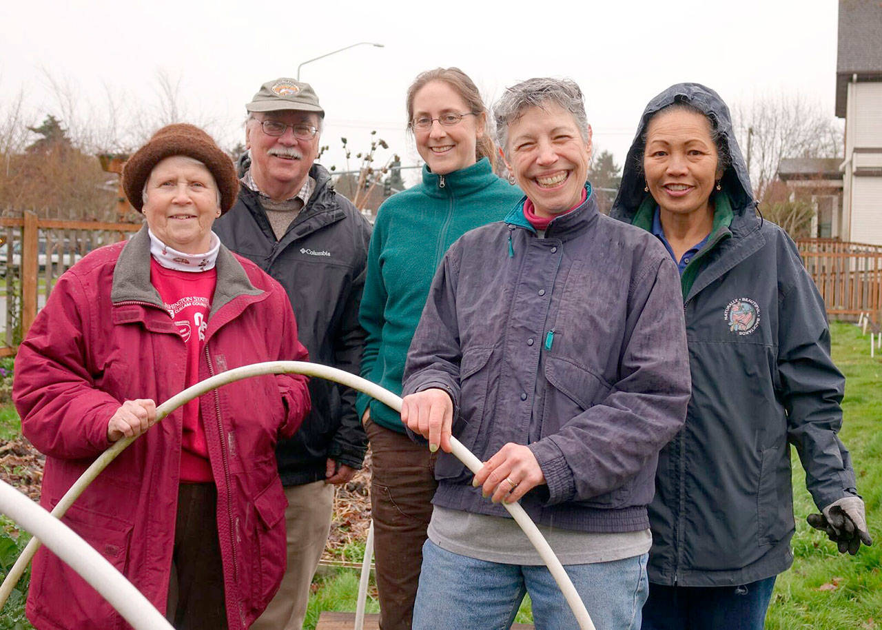 Veteran Master Gardeners Lois Bellamy, Bob Cain, Laurel Moulton, Jeanette Stehr-Green and Audreen Williams, from left, will lead a walk through the Fifth Street Community Garden in Port Angeles this Saturday.