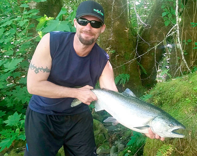 Port Angeles’ Jonathan Johnson caught this nice spring chinook on the Sol Duc using a bobber and egg setup. He was fishing with Nick Hendrickson of Olympic Peninsula Guide Service in Forks.
