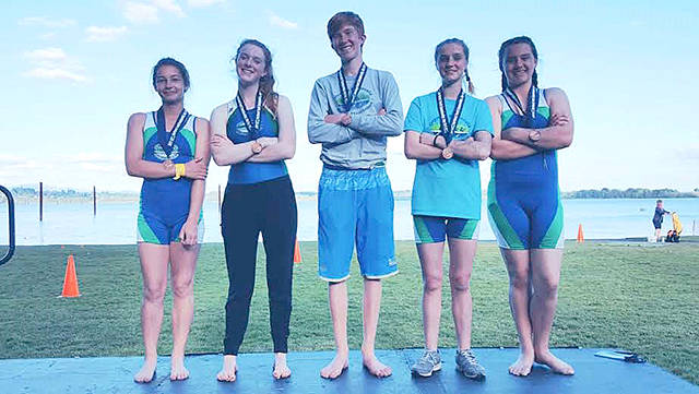 The Olympic Peninsula Rowing Association’s Women’s Youth 4x+ crew of Emily Sirguy, Claire Tyson, Lisa Martin, Angelica Kennedy and coxswain Daniel Weaver finished third in the 2,000-meter race at the U.S. Rowing Northwest District Championships in Vancouver.