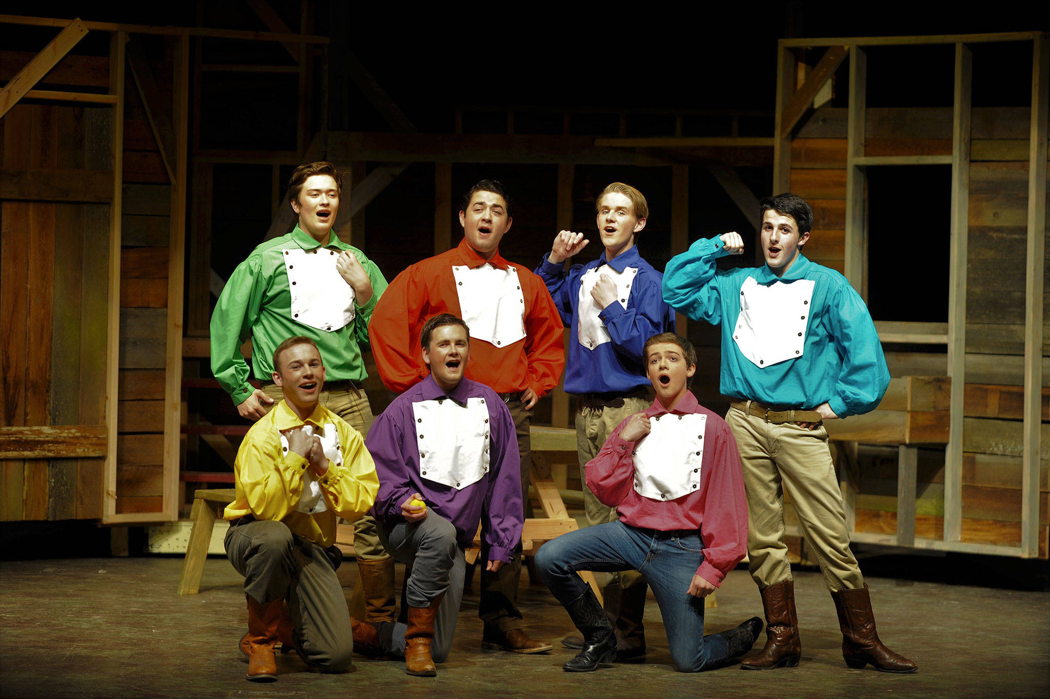 Sequim High School’s “Seven Brides for Seven Brothers” won “Best Scenic Design” at the 5th Avenue Awards show earlier this month in Seattle. The show received five nominations overall, including Silas Baird, second from back left, for best outstanding actor, and The Brothers’ ensemble, from back left, Tommy Hall, Baird, Christopher Heintz, Thomas Hughes and Joe Benjamin, and from front left, Seth Mitchell and Joey Oliver. (Matthew Nash/Olympic Peninsula News Group)