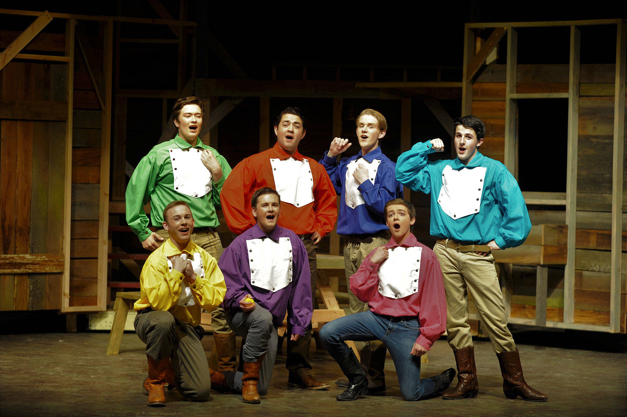 Sequim High School&rsquo;s &ldquo;Seven Brides for Seven Brothers&rdquo; won &ldquo;Best Scenic Design&rdquo; at the 5th Avenue Awards show earlier this month in Seattle. The show received five nominations overall, including Silas Baird, second from back left, for best outstanding actor, and The Brothers&rsquo; ensemble, from back left, Tommy Hall, Baird, Christopher Heintz, Thomas Hughes and Joe Benjamin, and from front left, Seth Mitchell and Joey Oliver. (Matthew Nash/Olympic Peninsula News Group)