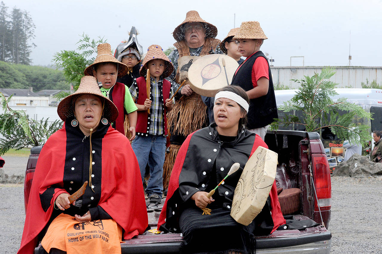 Quileute Tribal Drummers ready for the parade during last year’s Quileute Days. (Lonnie Archibald/for Peninsula Daily News)