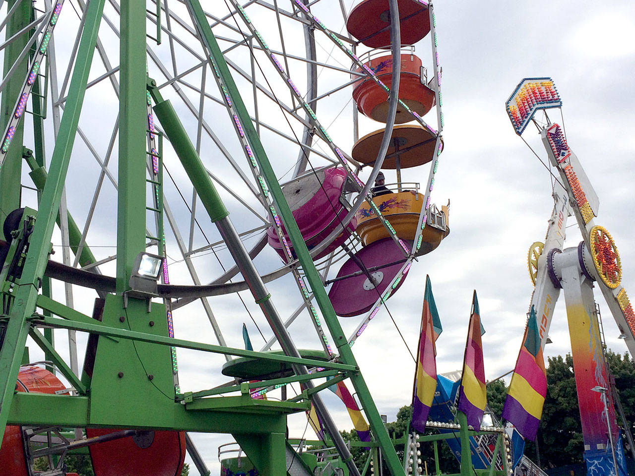 The Ferris wheel that was shut down at this year’s Rhododendron Festival after three people fell from one of the gondolas is seen shortly after the fall. (Port Townsend Police Department)