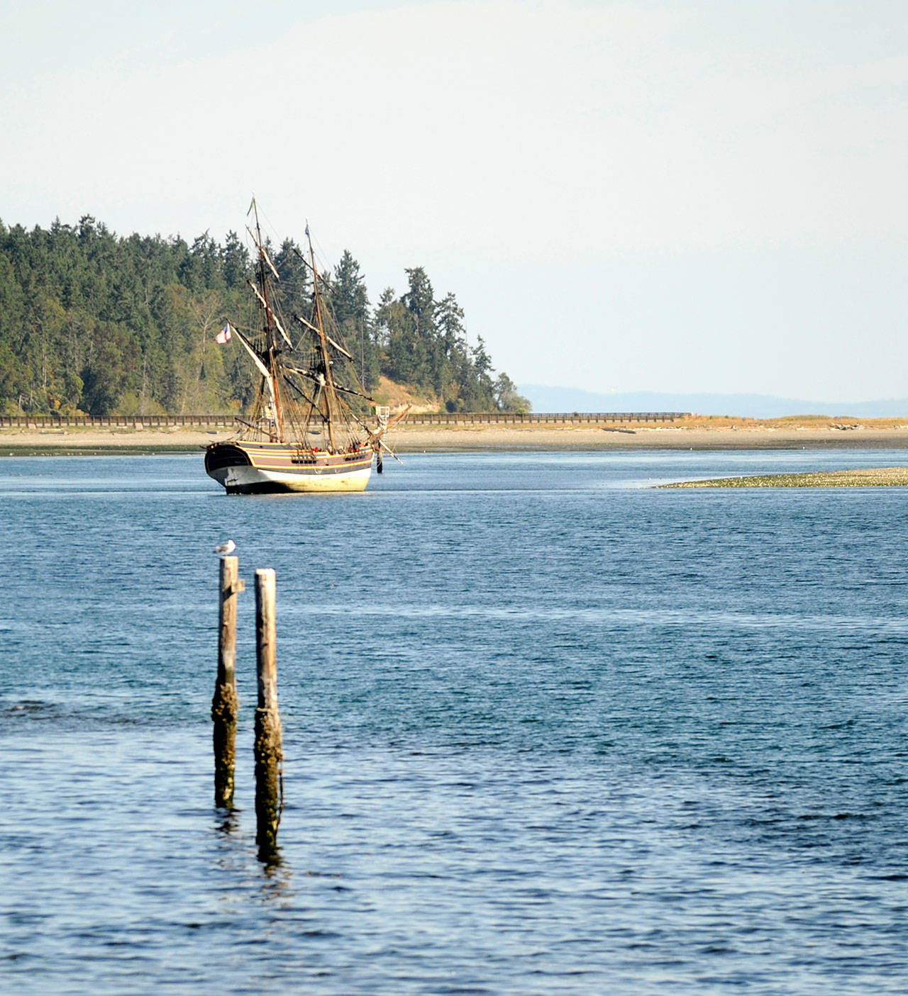The Lady Washington is seen in Sequim Bay after running aground Monday morning. (Michael Dashiell/Olympic Peninsula News Group)