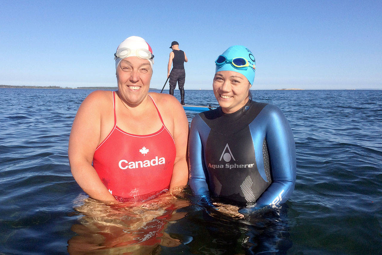 Swimmers Susan Simmons and Jill Yoneda are swimming across the Strait of Juan de Fuca from near Port Angeles to Victoria. (Travis Paterson/Saanich News)