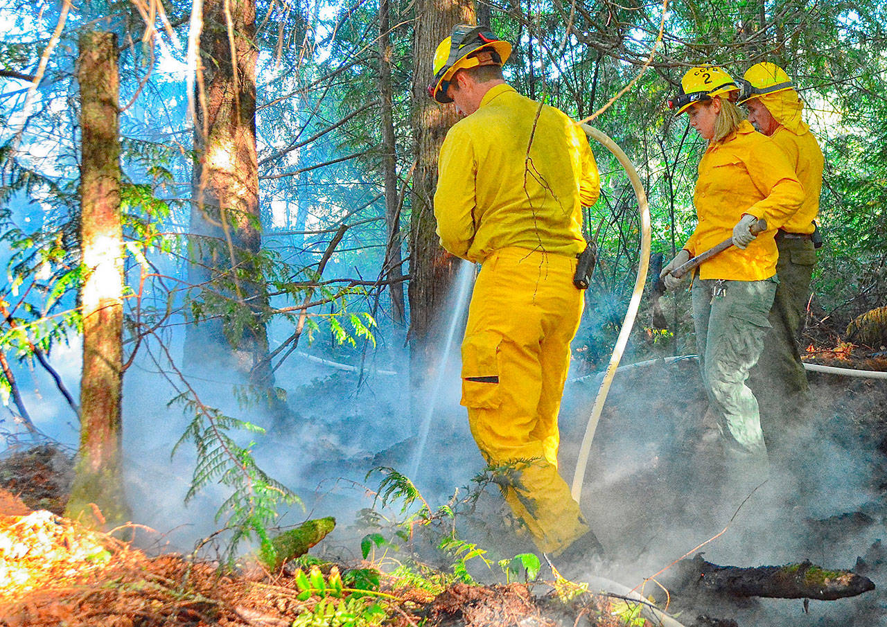 Clallam County Fire District No. 2 firefighters responded Saturday evening to this brush fire near the Elwha River off of Sisson Road. (Jay Cline/Clallam County Fire District No. 2)
