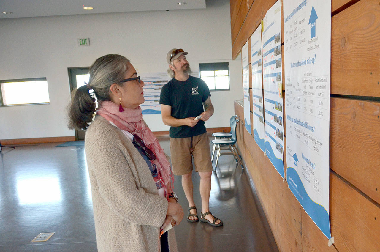 Port Townsend City Councilwoman Michelle Sandoval and business owner Jake Soule participate in the first of two community workshops to help formulate a plan for the Upper Sims Way and Howard Street subarea. (Cydney McFarland/Peninsula Daily News)