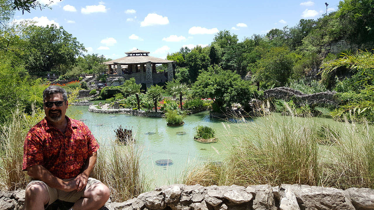 Using a timer, Andrew May shot this photo of himself in the San Antonio Japanese Tea Garden. It was created out of an abandoned limestone rock quarry in the early 20th century, much like Butchart Gardens in Victoria. (Andrew May/for Peninsula Daily News)