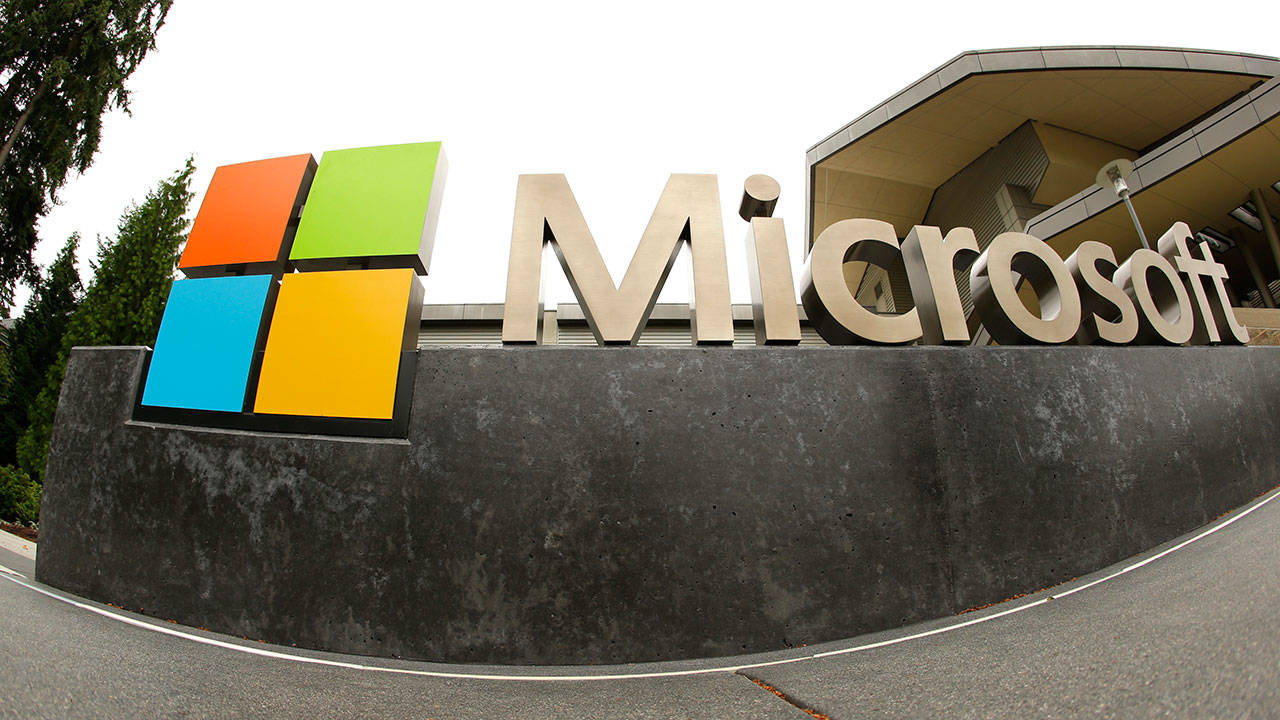 The Microsoft Corp. logo is shown outside the Microsoft Visitor Center in Redmond, Wash. (The Associated Press)