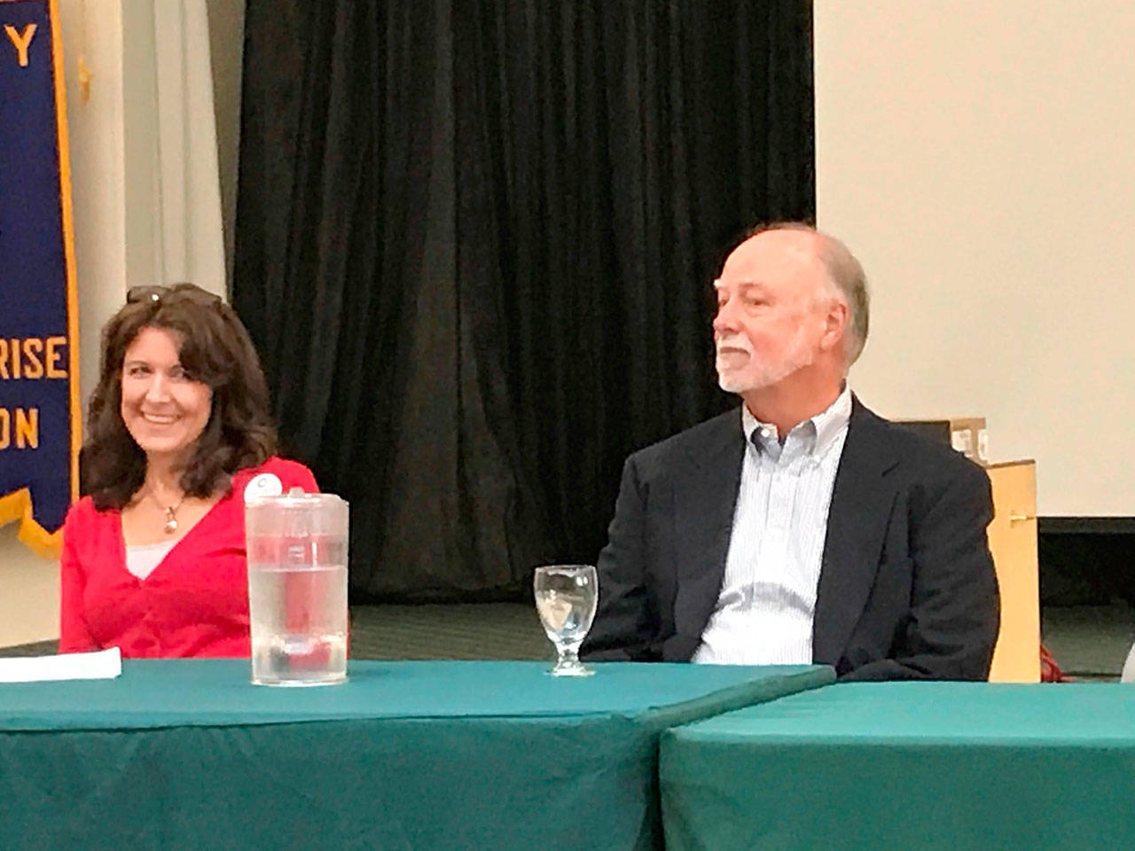 Sequim-area Port of Port Angeles commissioner candidates Colleen McAleer and Michael Cobb participated in their first general election forum Friday. (Paul Gottlieb/Peninsula Daily News)