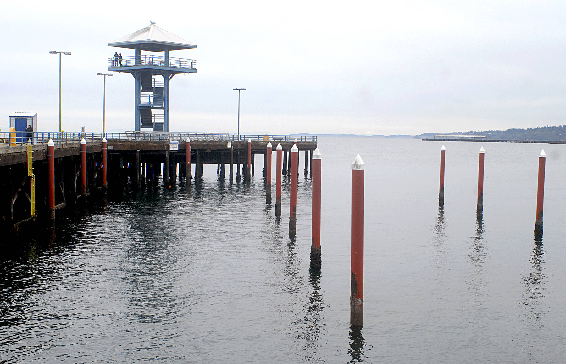 Keith Thorpe/Peninsula Daily News Pilings that once supported temporary moorage docks stand empty at Port Angeles City Pier as they await new dock sections.