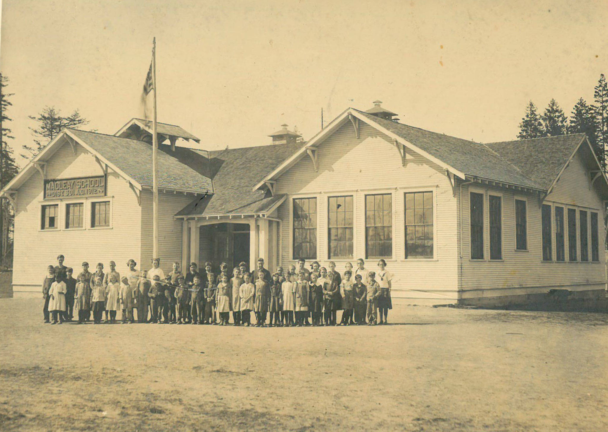 Macleay School, seen here somewhere between 1915-1920, was leased out to the Sequim Prairie Grange members from 1942-1965 until they purchased it from the Sequim School District. Photo courtesy of Bonnie Hagberg