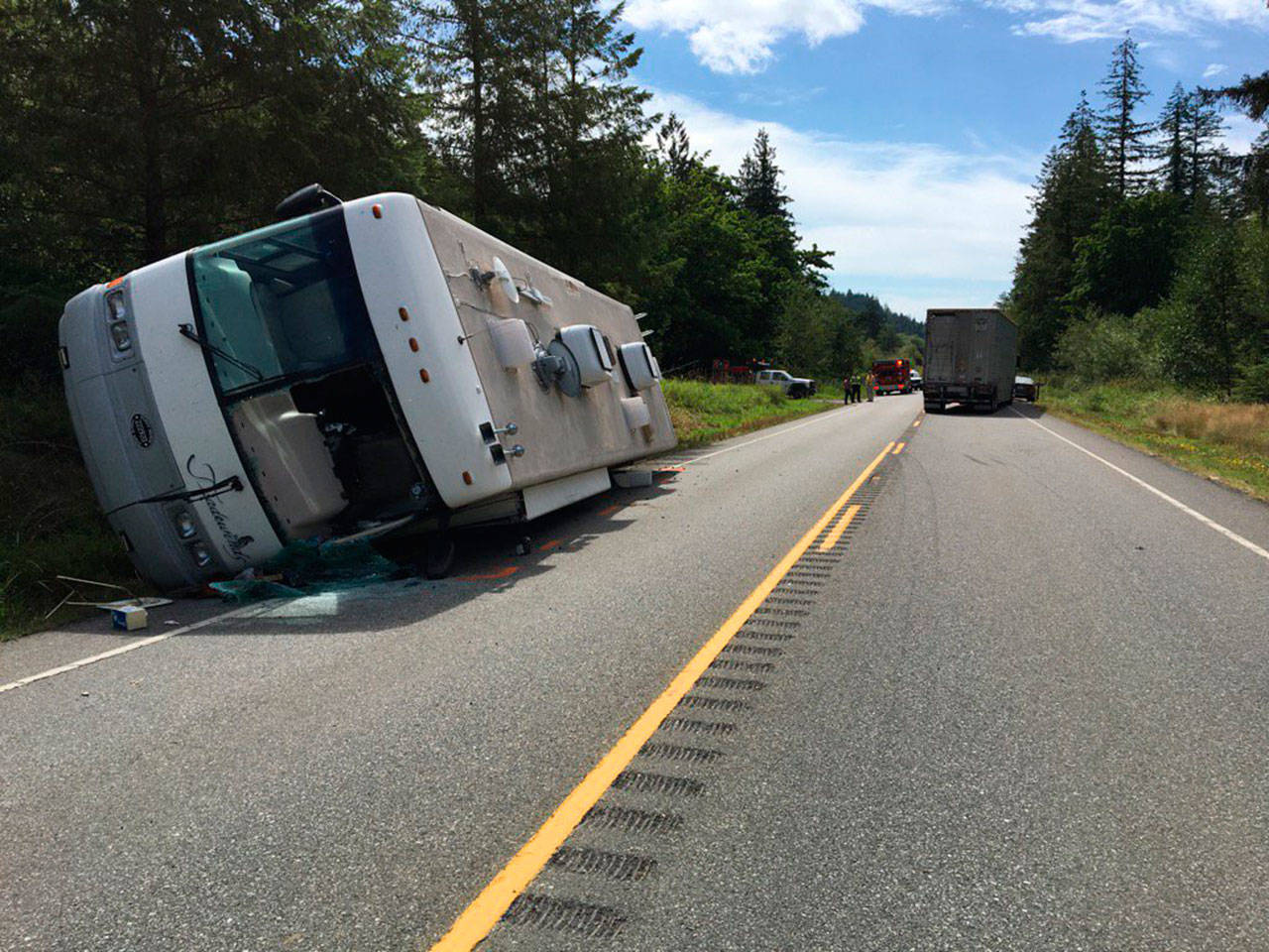 A woman was airlifted to Harborview Medical Center after a three-vehicle wreck on U.S. Highway 101 near Quilcene on Tuesday. (Washington State Patrol)