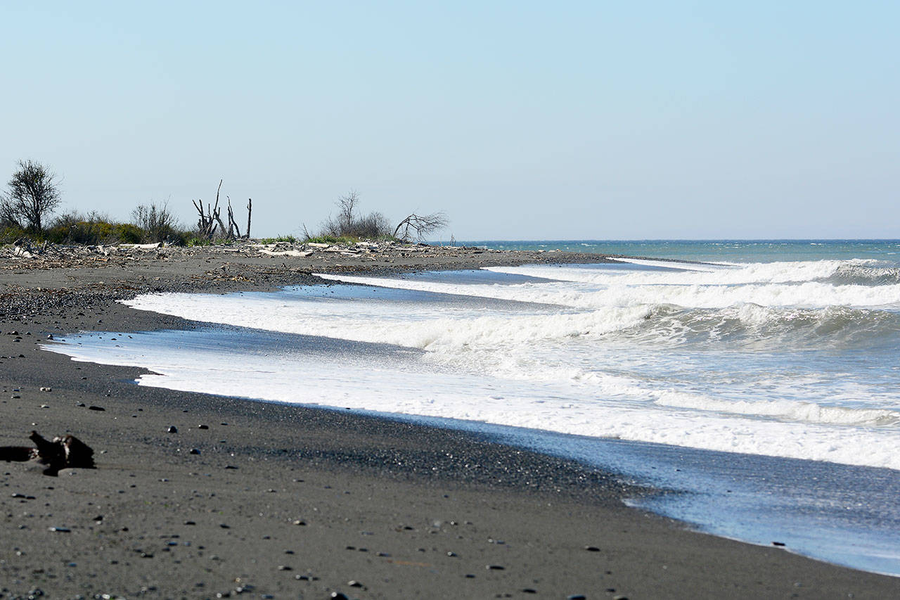 Waves crash against a beach east of the mouth of the Elwha River. (Jesse Major/Peninsula Daily News)