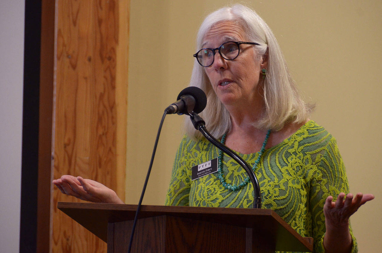 Janette Force, executive director of the Port Townsend Film Festival, speaks to members of the Jefferson County Chamber of Commerce on Monday to preview some of the short films that will be shown at this year&rsquo;s film festival and to discuss the festival&rsquo;s partnership with the Jefferson County Farm Tour. (Cydney McFarland/Peninsula Daily News)