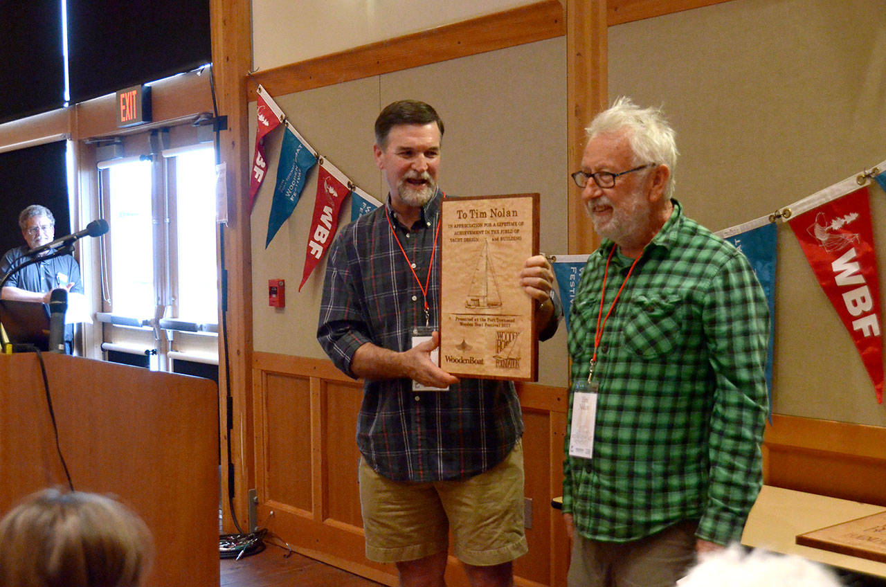 Tim Nolan was awarded a lifetime achievement award for boatbuilding and design for his talent and large body of work in wooden boats big and small. (Cydney McFarland/Peninsula Daily News)