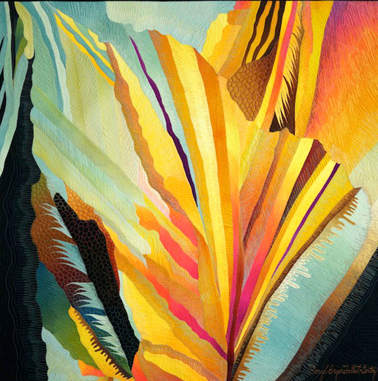 Caryl Bryer Fallert-Gentry’s quilted “Citric Abstraction” is a designinspired by citric acid crystals photographed under a microscope. Gentry says it looked like an abstract expressionist painting.She reinterpreted the concept of paper piecing and construction in the quilt world, and this is an excellent example of her process. In the quilting, she used dozens of different colors of thread, shading each area with at least two different colors, often contrasting with the colors underlying fabrics. The quilting zigzags in straight lines suggest the crystalline structure that inspired the design.