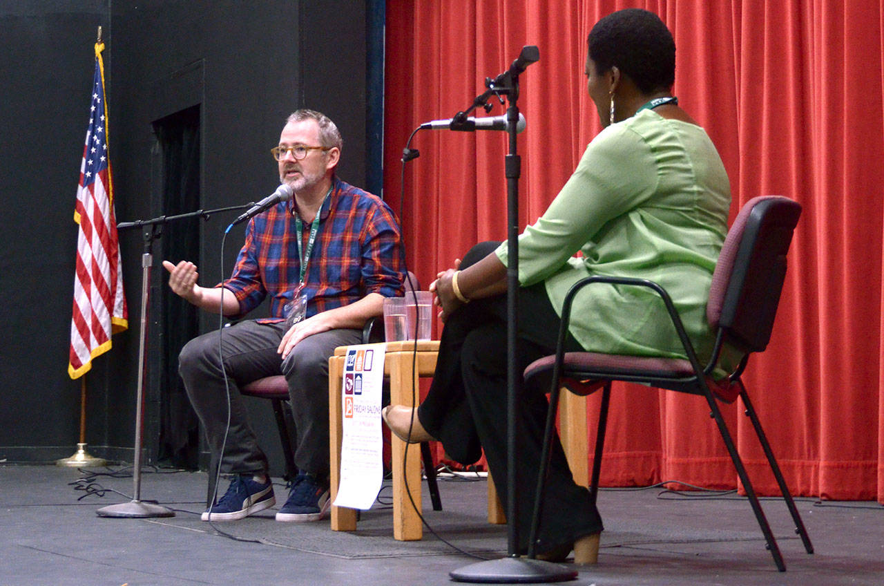 Port Townsend Film Festival special guest Morgan Neville is interviewed by actress, author and educator Akuyoe Graham to kick off the Port Townsend High School public salons Friday. (Cydney McFarland/Peninsula Daily News)