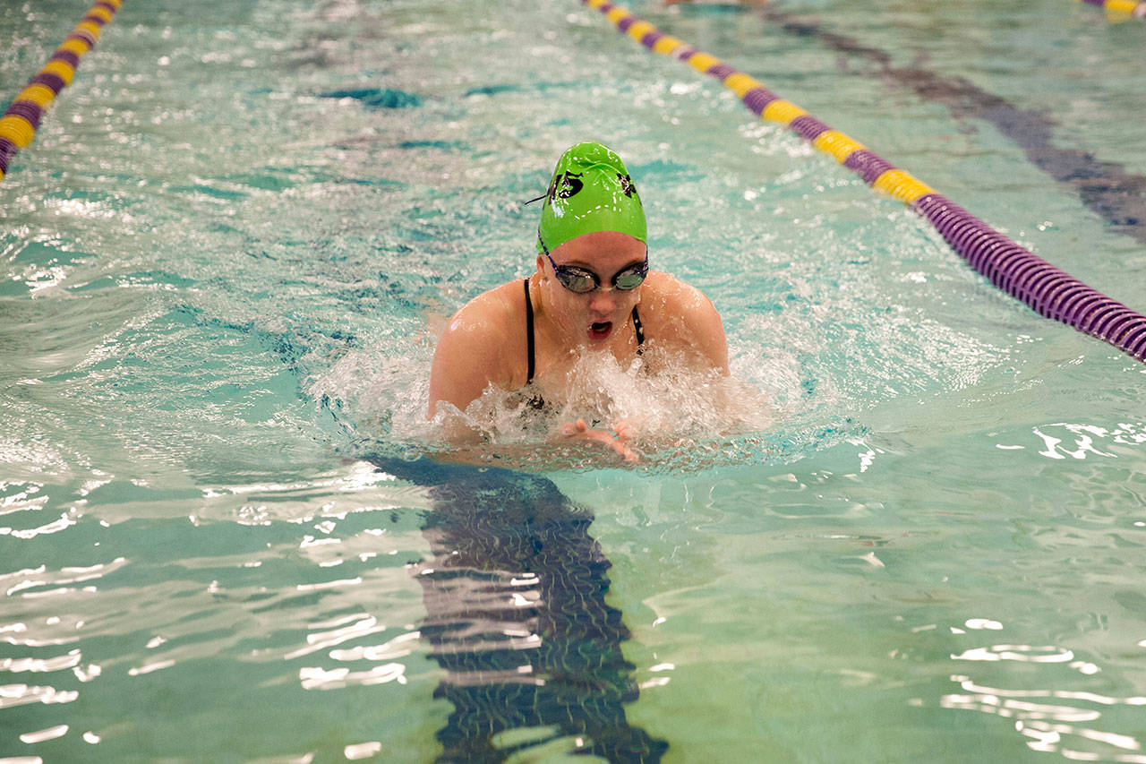 Patty Reifenstahl                                Port Angeles’ Nadia Cole swims to a win in the 100 breaststroke against North Kitsap in Poulsbo.