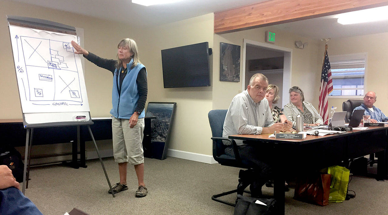 Carol Hasse of Port Townsend spoke at Wednesday’s port meeting to say she doesn’t want Point Hudson to get ruined by overdevelopment. (Cydney McFarland/Peninsula Daily News)